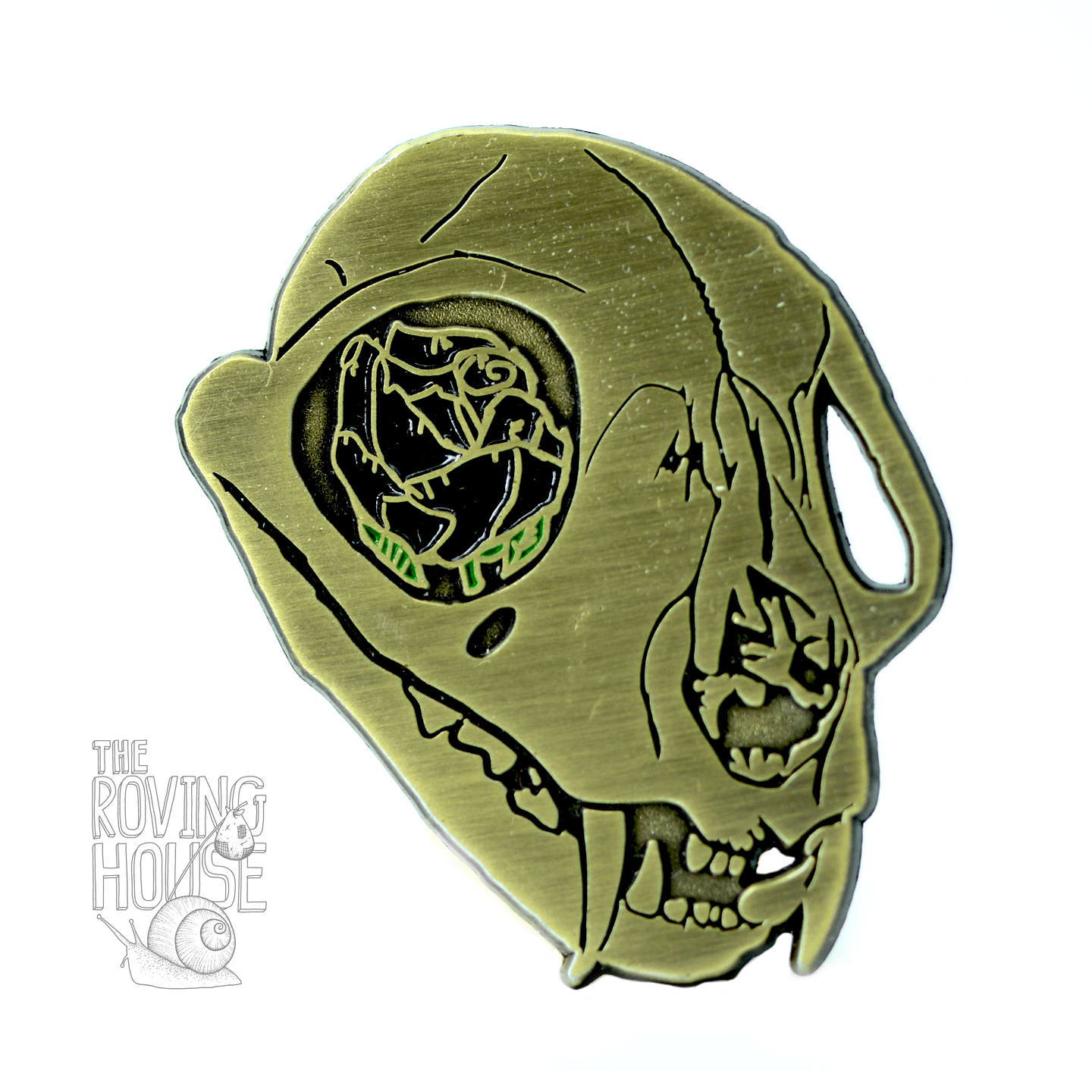 Cat Skull & Rose Antiqued Metal Pin