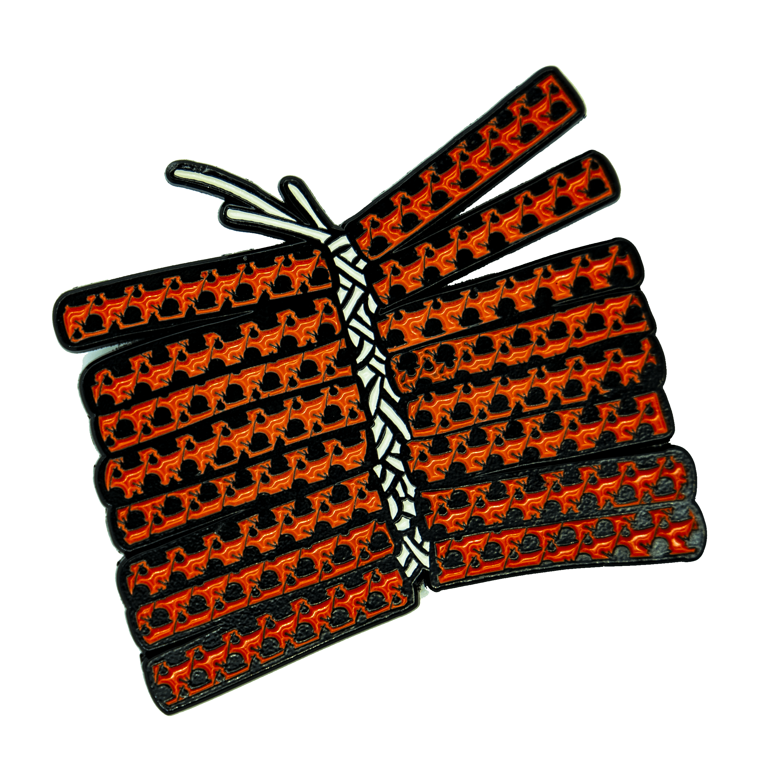 enamel pin of a pack of firecrackers out of the wrapper. Small snail repeating logo pattern on firecrackers.