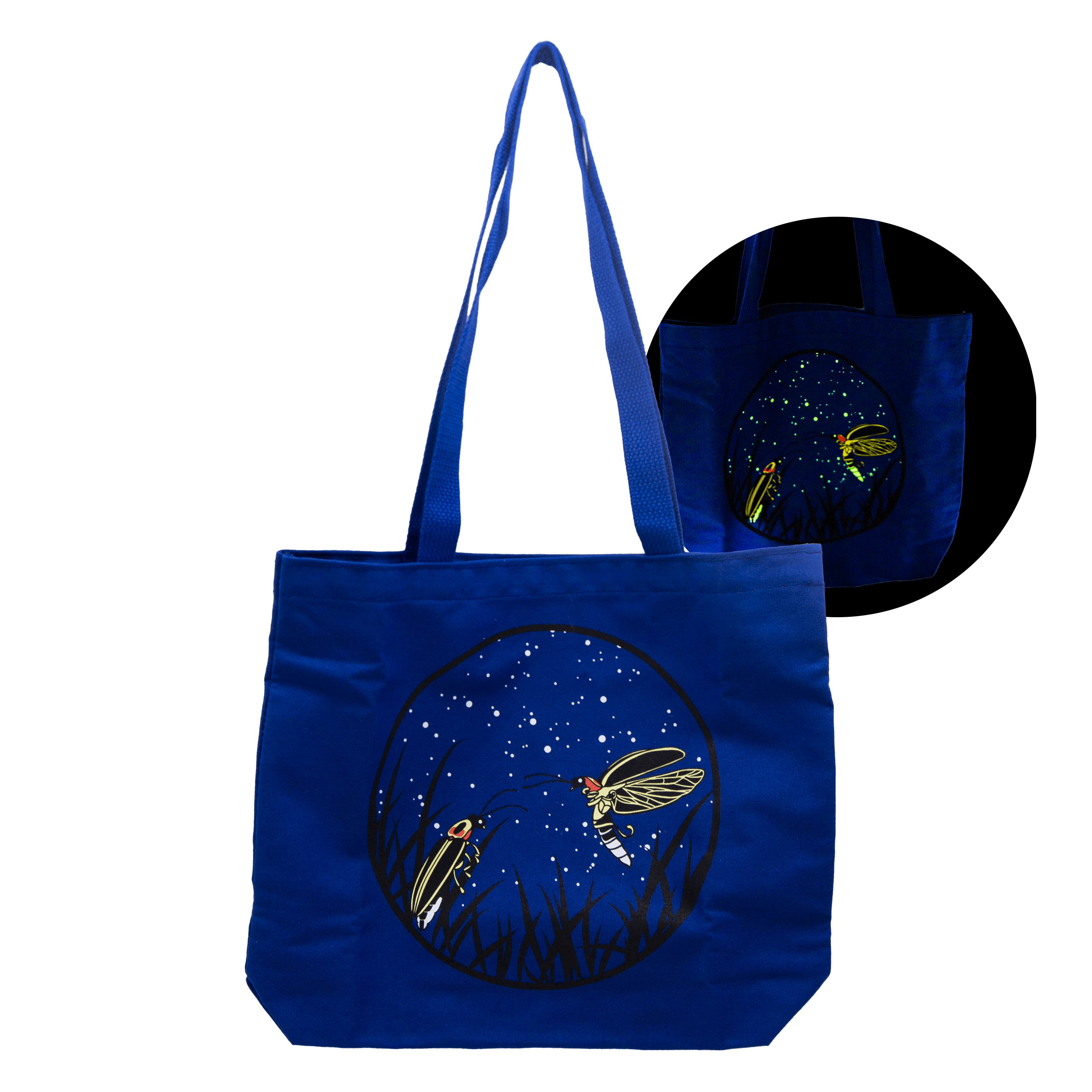 Front view of the fire fly tote with one firefly in flight and other on a piece of grass in the shadows. ANother superimposed image shows the stars and fireflies as they glow.