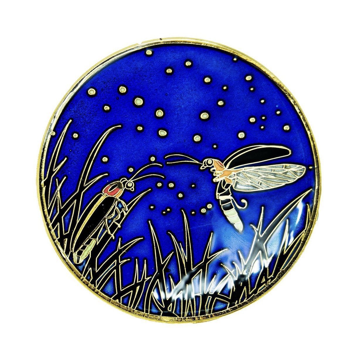 An enamel pin featuring two Big Dipper fireflies meeting under the night sky.
