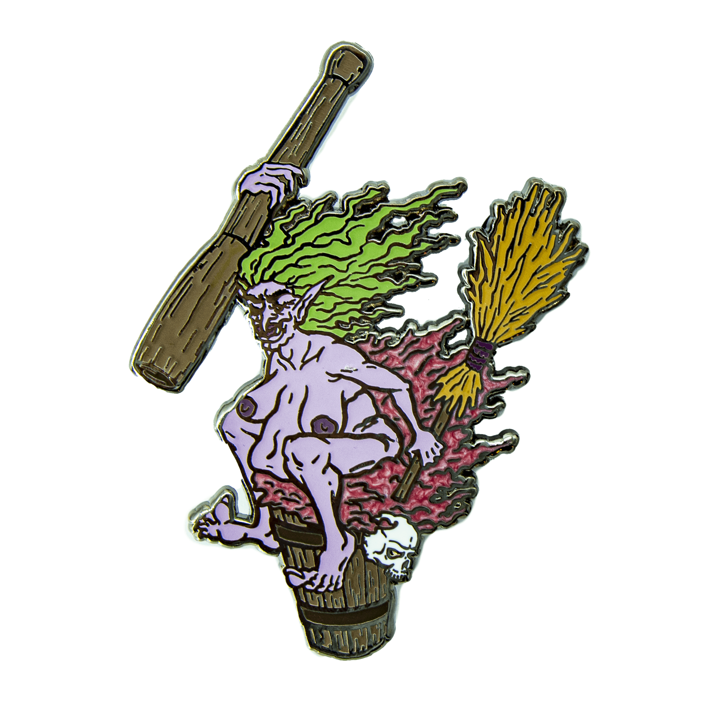 An enamel pin of Baba Yaga the crone witch, riding her mortar and pestle with broom in hand. She has taken off her clothing and sits on it with a wicked smile. She has purple skin and green hair, and her discarded clothing is red.