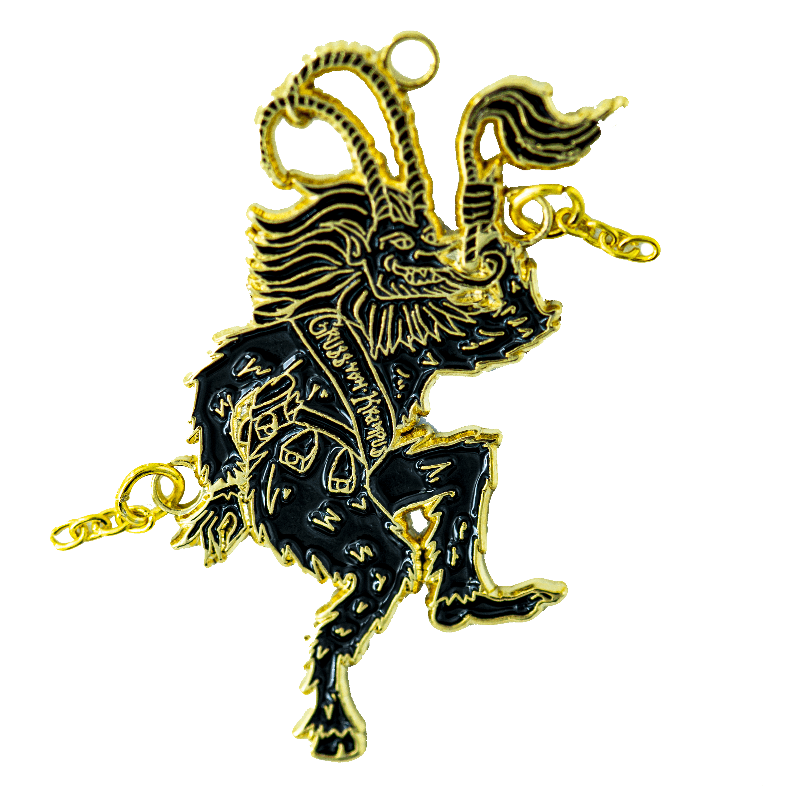 A black and gold ornament of Krampus sticking his tongue out and flailing his chains as he dances. He wears a sash that reads "Gross Vom Krampus".