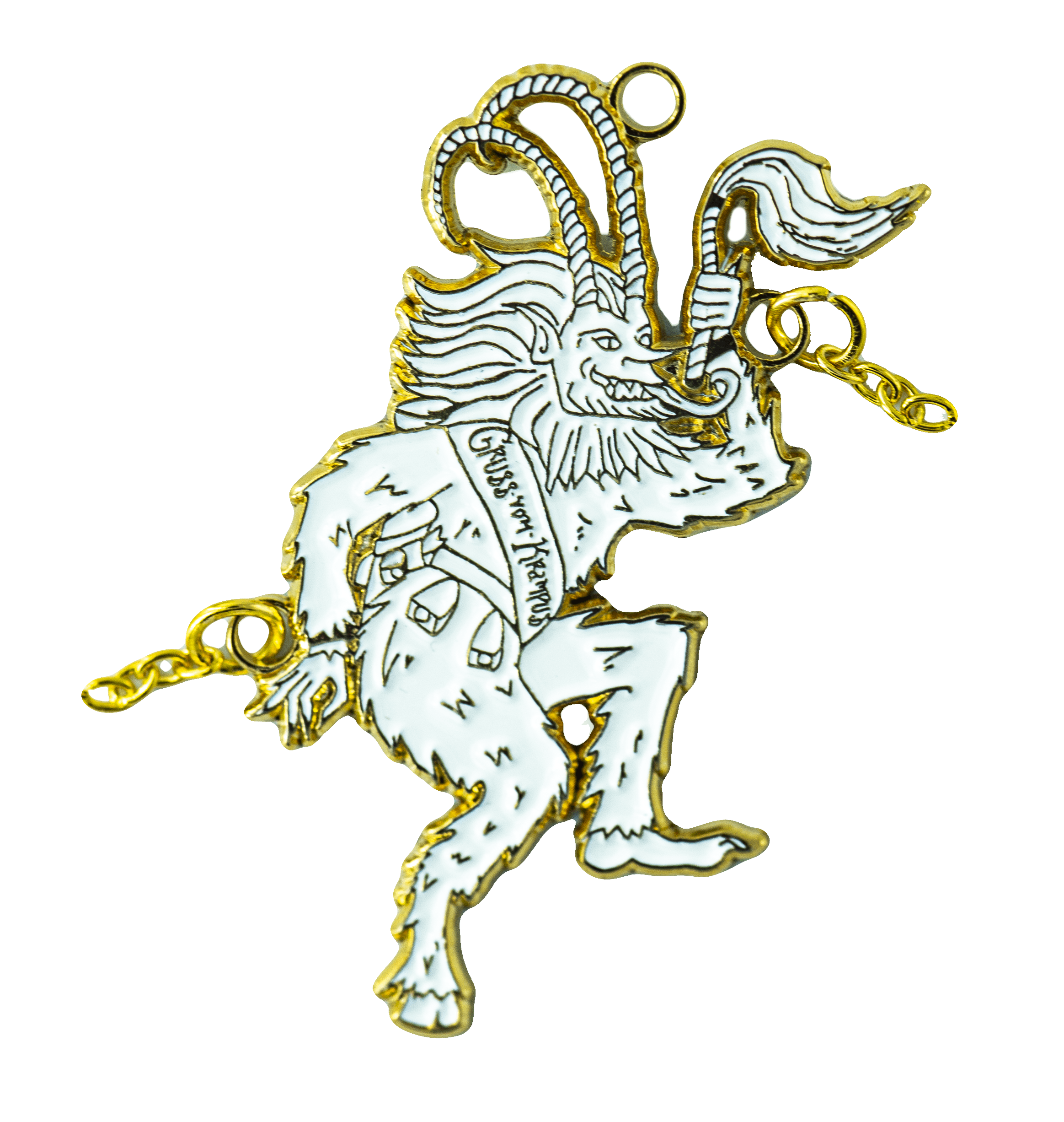A white and gold ornament of Krampus sticking his tongue out and flailing his chains as he dances. He wears a sash that reads "Gross Vom Krampus".