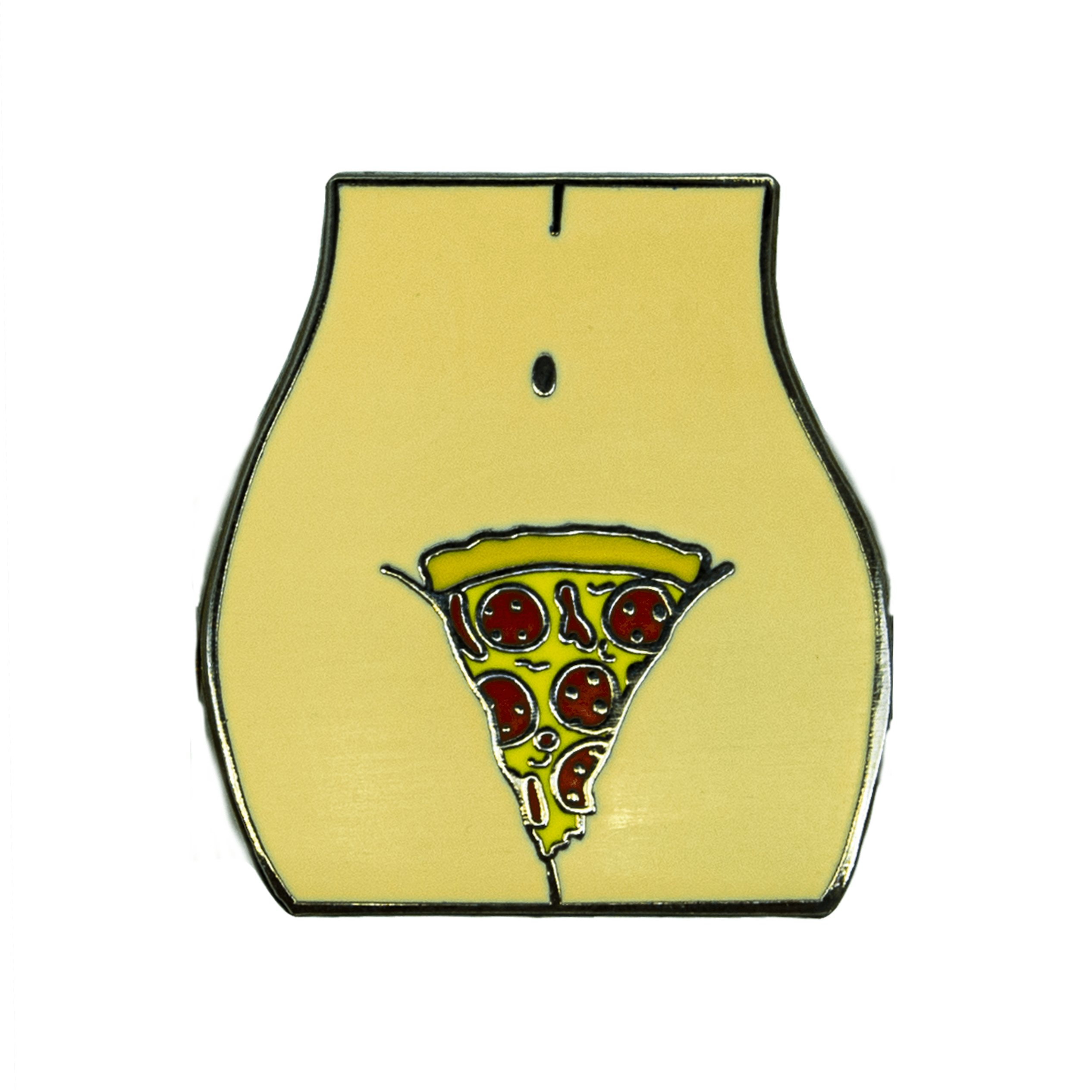 An enamel pin of a feminine torso with a slice of pizza covering the pubic area.