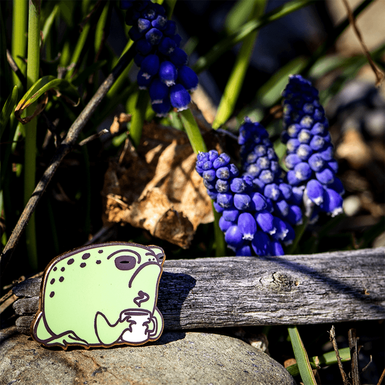 Grumpy desert rain frog holding a cup of coffee enamel pin