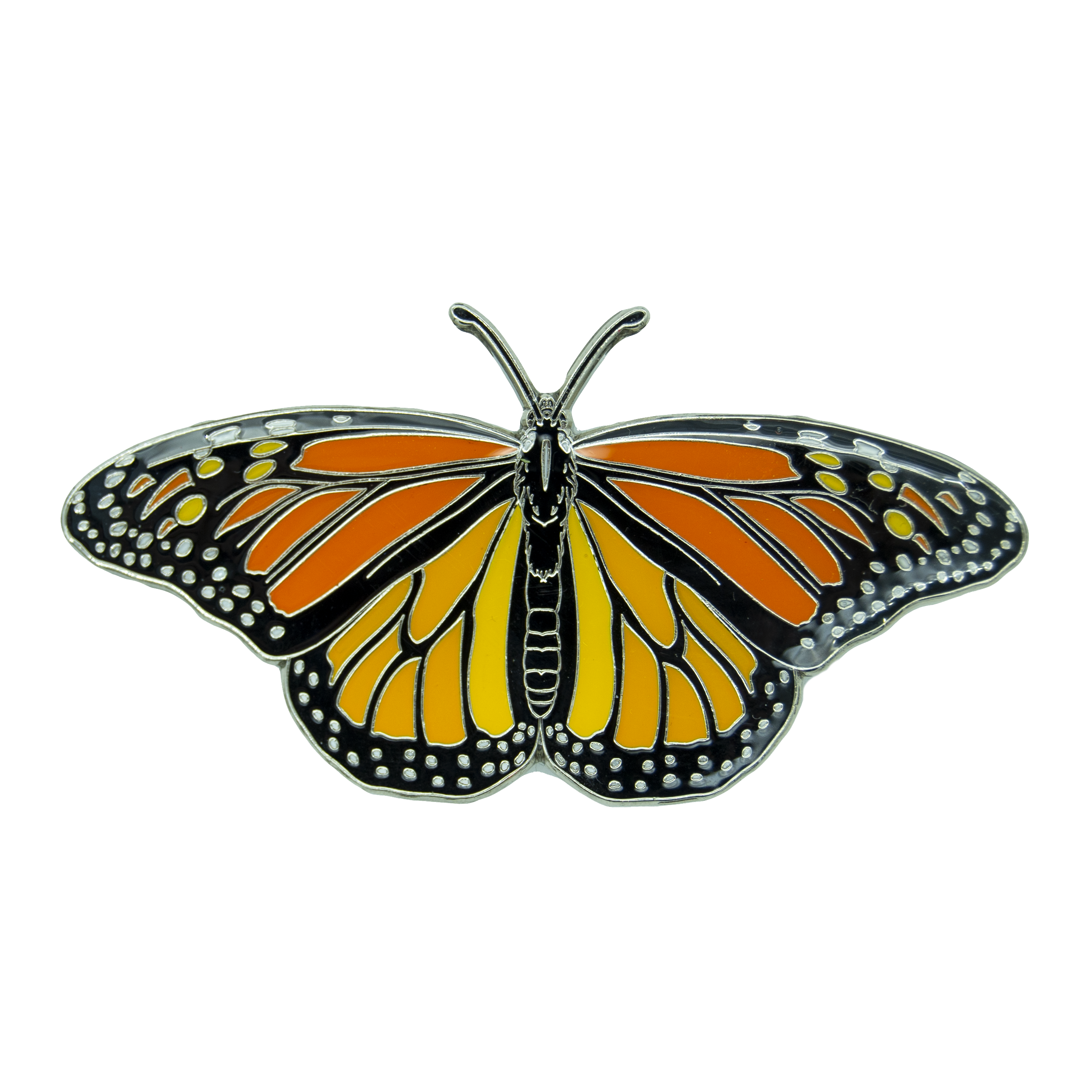 A life-sized orange, black, white, and silver monarch butterfly enamel pin on a white background.